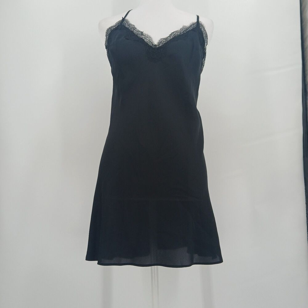 Victoria’s Secret Silky Black Lace Nightie Slip Dress Slit Size Small Lingerie